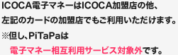 ICOCA電子マネーはICOCA加盟店の他、Suica加盟店、TOICA加盟店、SUGOCA加盟店でもご利用いただけます。Suica、TOICA、SUGOCAもICOCA電子マネーが利用可能なお店でご利用になれます。