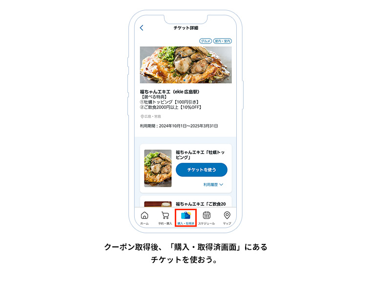 クーポン取得後、「チケット管理画面」にあるチケットを使おう。