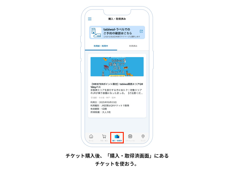 チケット購入後、「購入・取得済画面」にあるチケットを使おう。