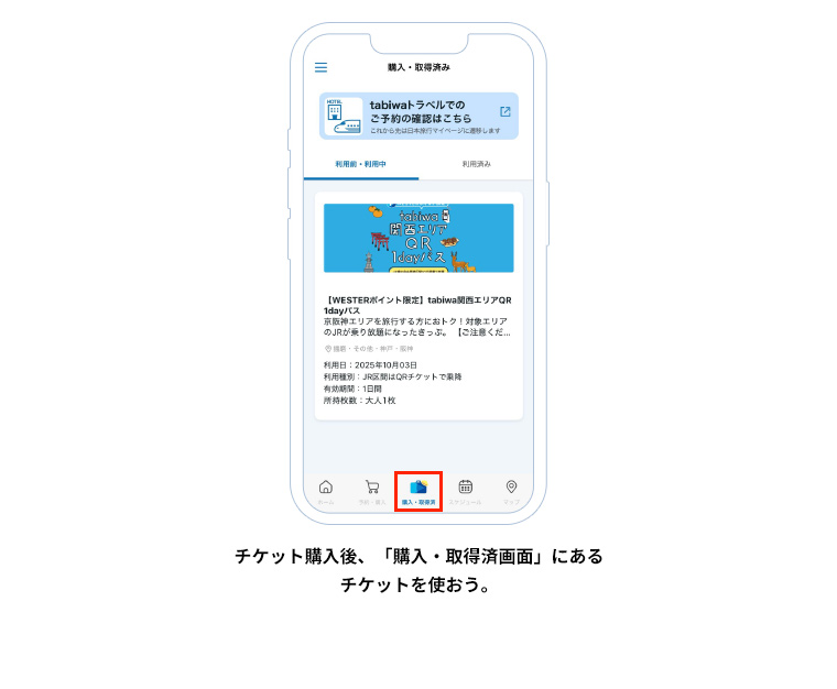チケット購入後、「購入・取得済画面」にあるチケットを使おう。