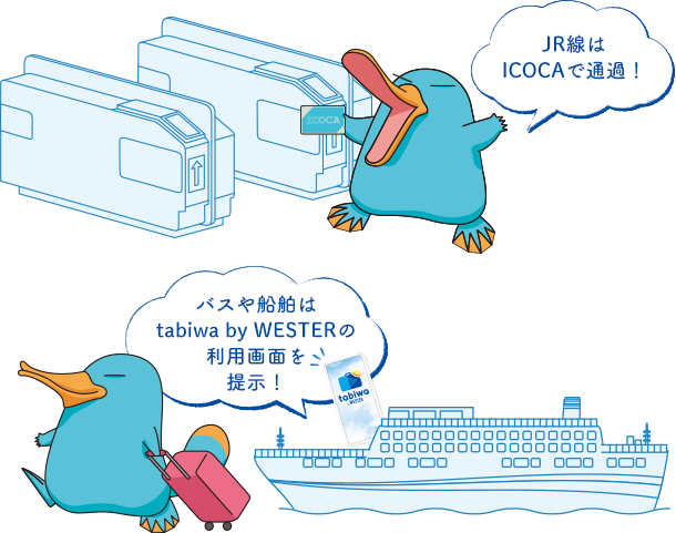 JR線はICOCAで通過！ バスや船舶はtabiwa by WESTERの利用画面を提示！