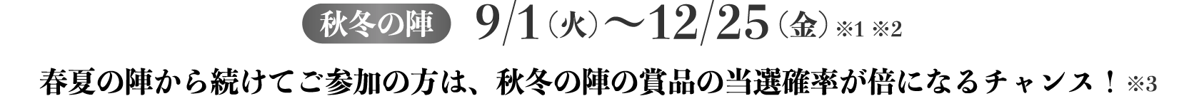 秋冬の陣：9/1(火)～12/25（金）※1※2 春夏の陣から続けてご参加の方は、秋冬の陣の賞品の当選確率が倍になるチャンス！※3 