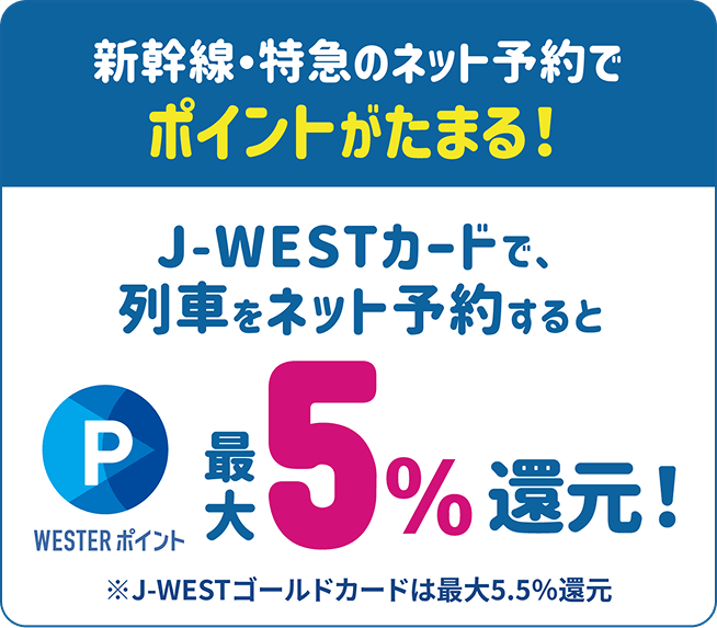 新幹線・特急のネット予約でポイントがたまる!J-WESTカードで、列車をネット予約するとWESTERポイント最大5%還元!※J-WESTゴールドカードは最大5.5%還元