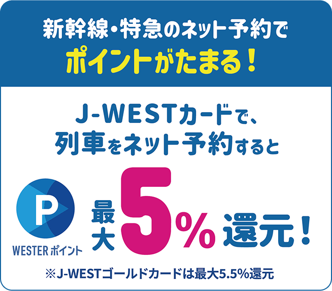 新幹線・特急のネット予約でポイントがたまる!J-WESTカードで、列車をネット予約するとWESTERポイント最大5%還元!※J-WESTゴールドカードは最大5.5%還元