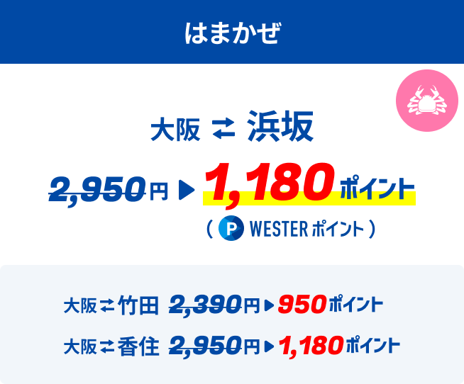 はまかぜ　大阪〜浜坂 2,950円→1,180ポイント（WESTERポイント）大阪〜竹田2,390円→950ポイント　大阪〜香住2,950円→1,180ポイント
