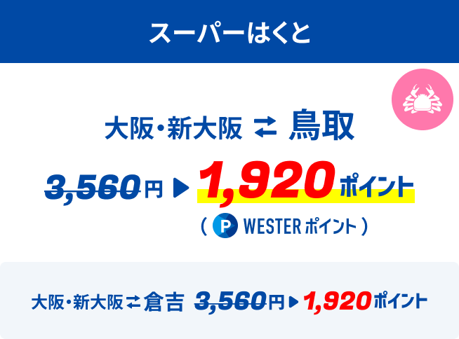 スーバーはくと　大阪・新大阪〜鳥取3,560円→1,920ポイント（WESTERポイント）大阪・新大阪〜倉吉3,560円→1,920ポイント