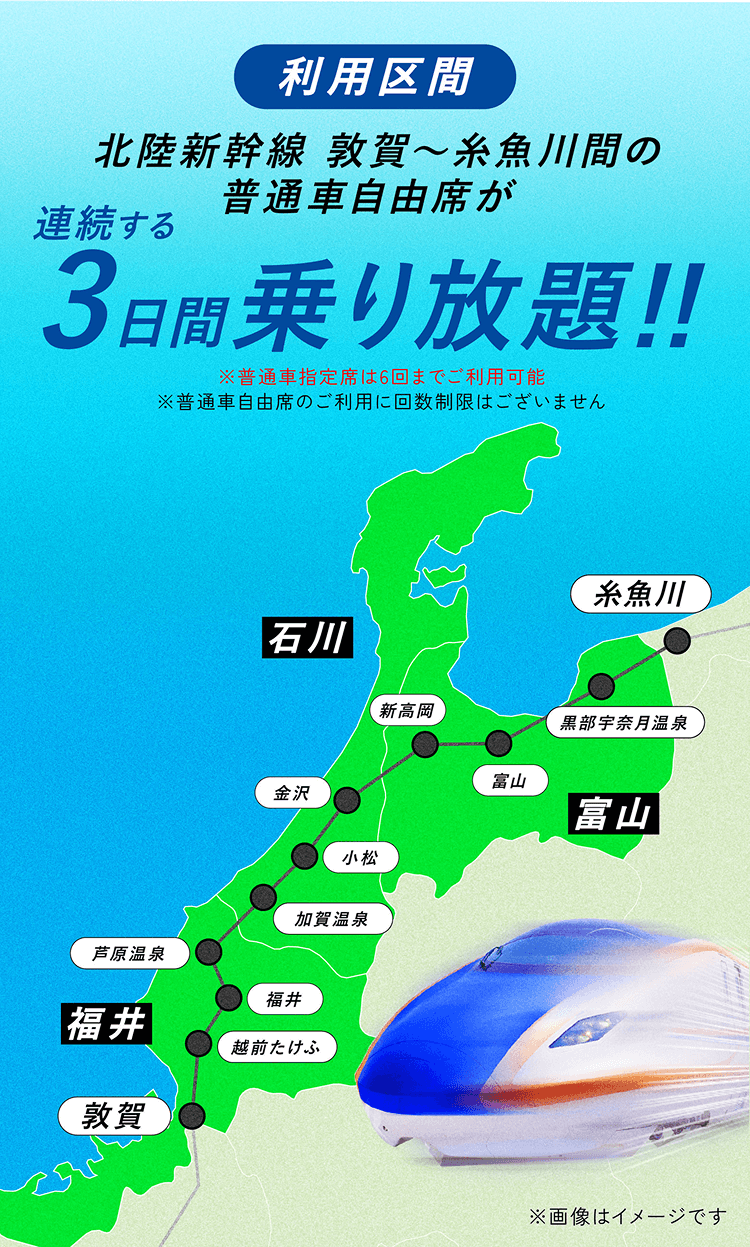 利用区間 北陸新幹線 敦賀〜糸魚川間の普通車自由席が連続する3日間乗り放題!!※普通車指定席は6回までご利用可能※普通自由席のご利用に回数制限はございません