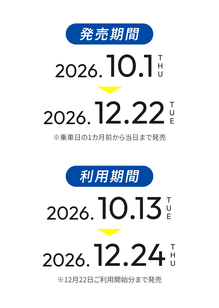 発売期間：2026年10月1日〜12月22日（乗車日の1カ月前から当日まで発売）、利用期間：2026年10月13日〜12月24日（12月22日ご利用開始分まで発売）