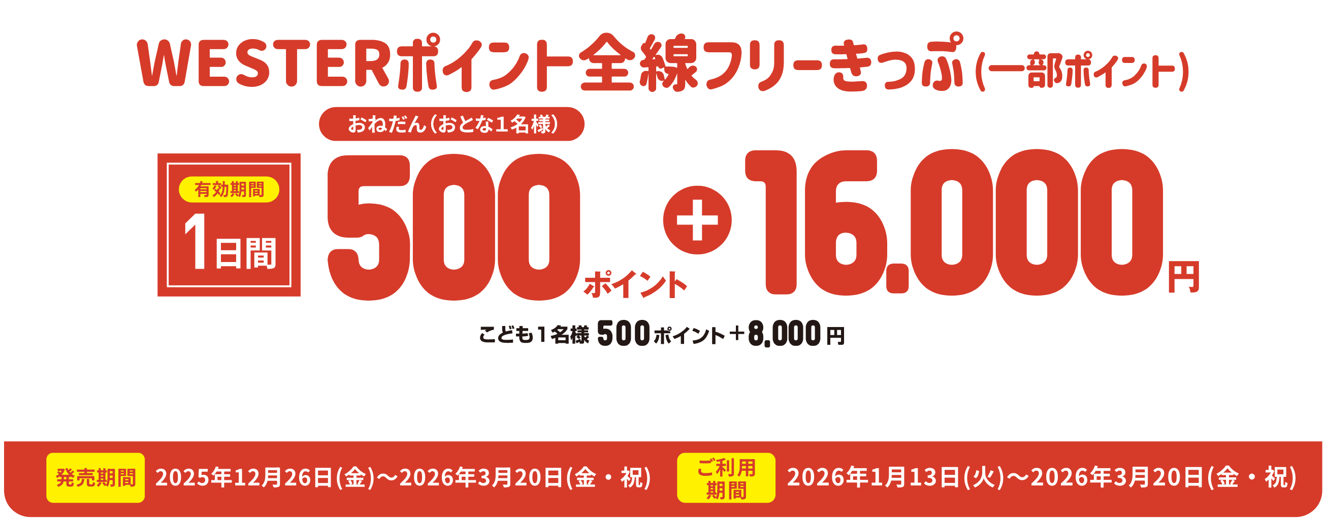 WESTERポイント全線フリーきっぷ（一部ポイント）有効期間：1日間　おねだん（おとな1名様）：500ポイント＋16,000円　こども1名様：500ポイント＋8,000円　発売期間：2025年12月26日（金）〜2026年3月20日（金・祝）　ご利用期間：2026年1月13日（火）〜2026年3月20日（金・祝）
