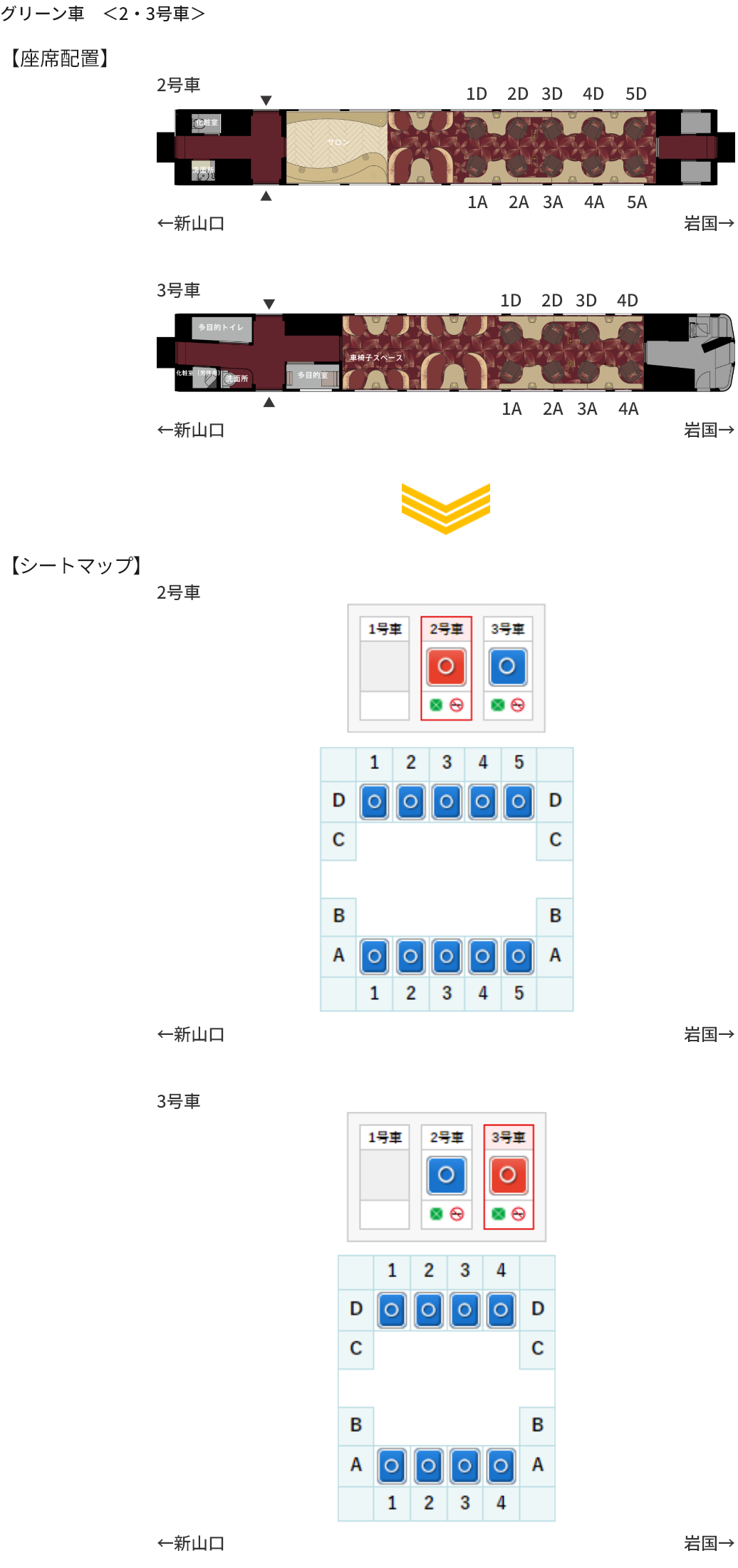 画像：グリーン車　＜2・3号車＞の座席配置とシートマップ