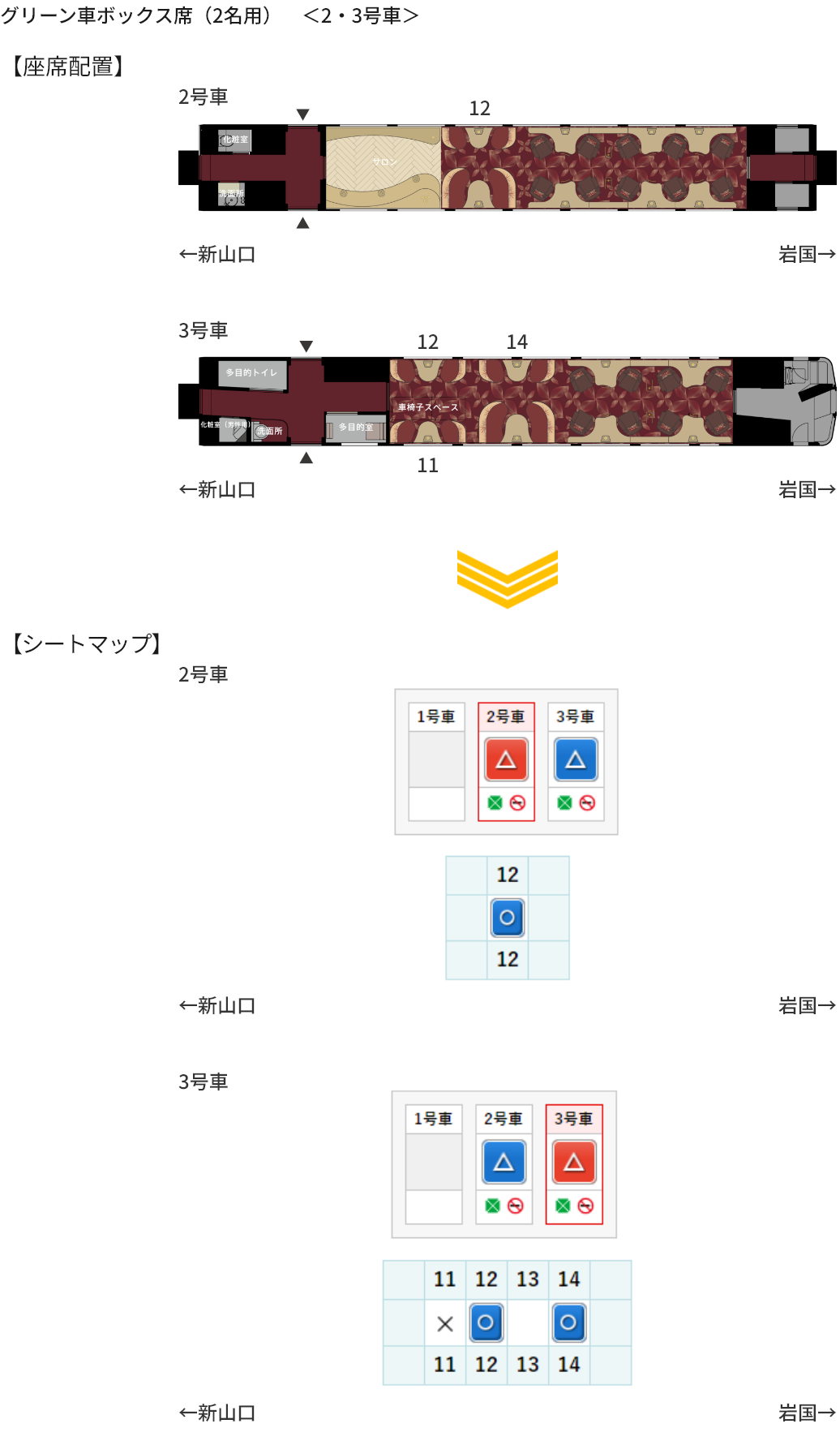 画像：グリーン車ボックス席（2名用）　＜2・3号車＞の座席配置とシートマップ
