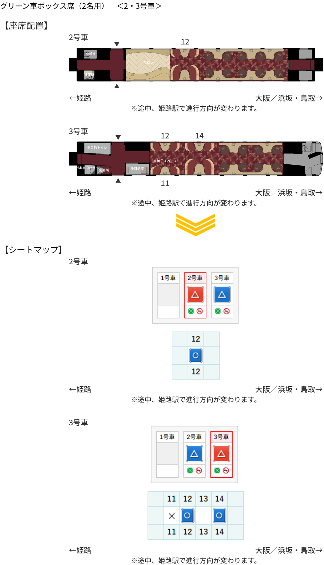 画像：グリーン車ボックス席（2名用）　＜2・3号車＞の座席配置とシートマップ