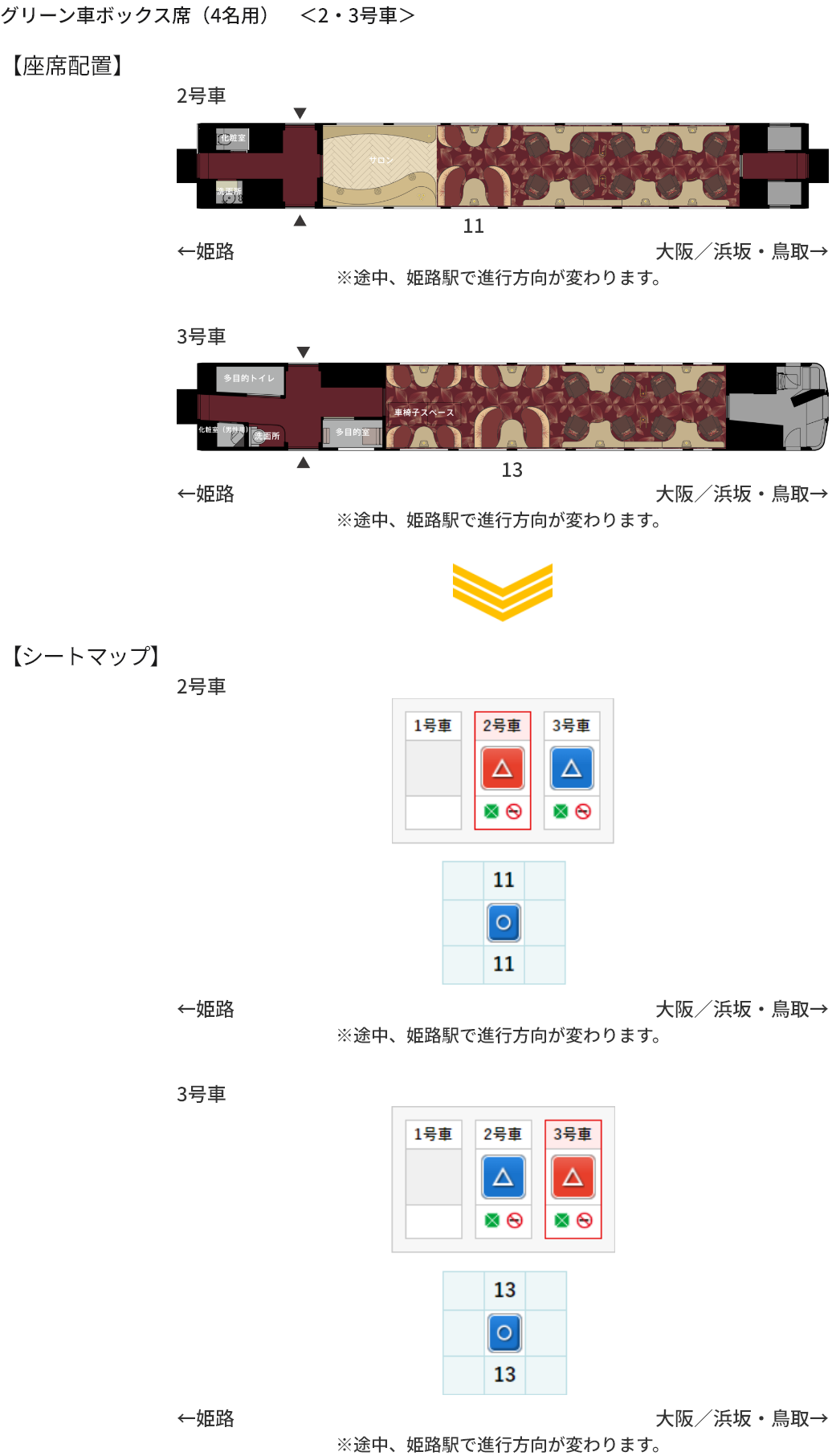 画像：グリーン車ボックス席（4名用）　＜2・3号車＞の座席配置とシートマップ