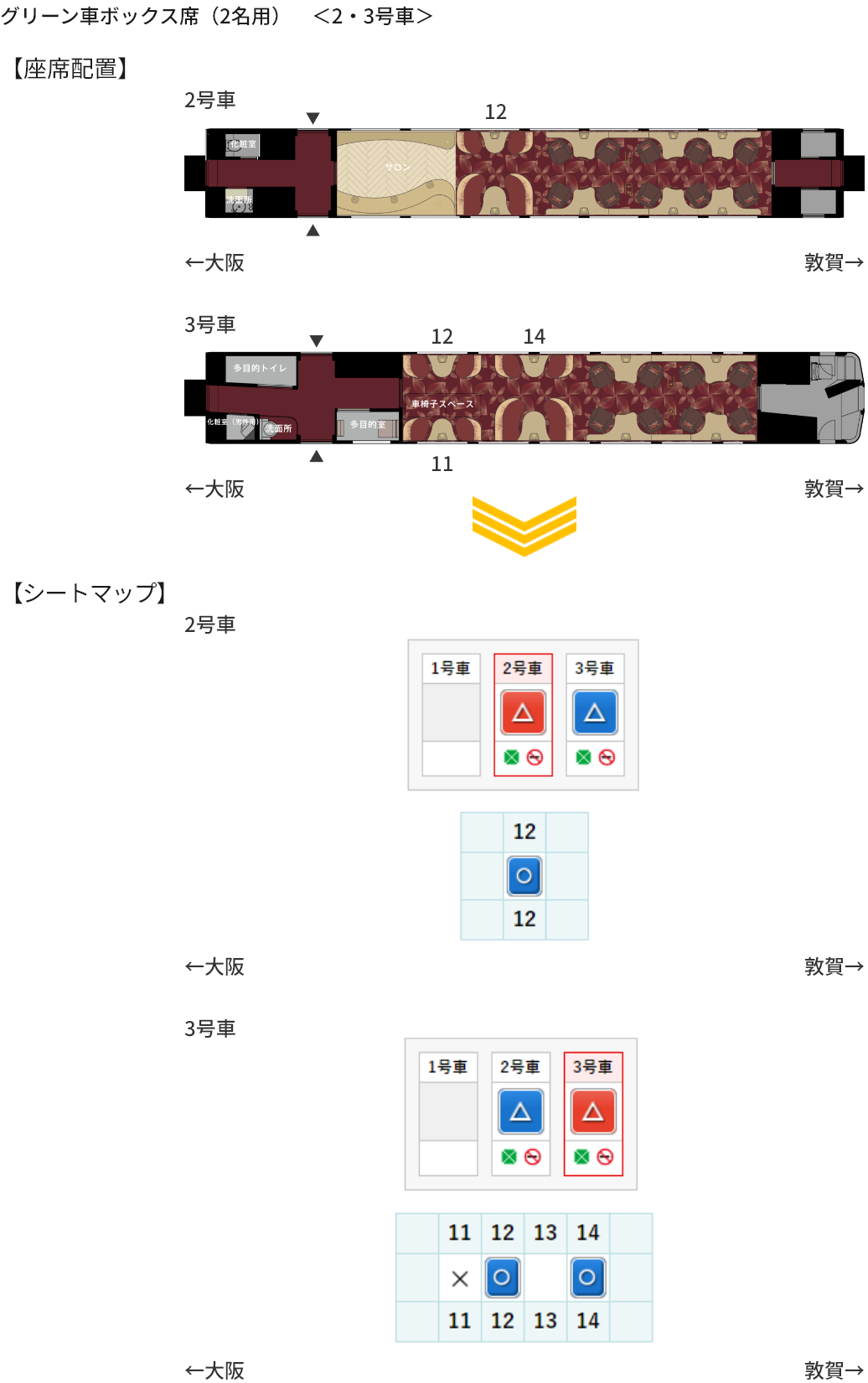 画像：グリーン車ボックス席（2名用）　＜2・3号車＞の座席配置とシートマップ