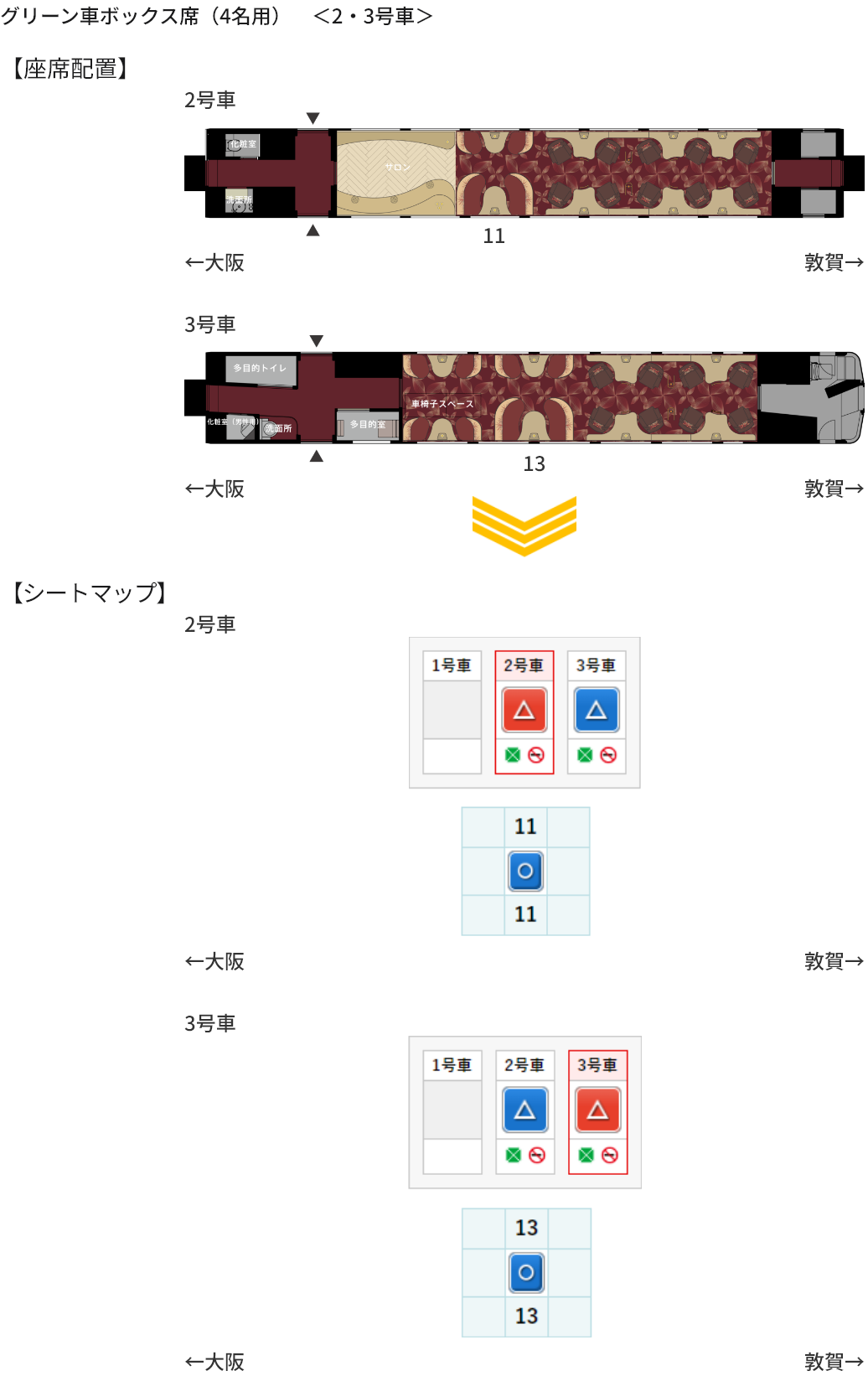 画像：グリーン車ボックス席（4名用）　＜2・3号車＞の座席配置とシートマップ