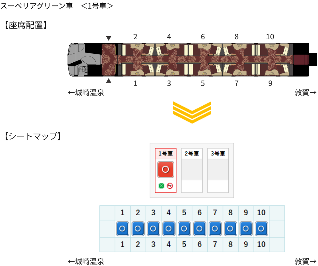 画像：スーペリアグリーン車　＜1号車＞の座席配置とシートマップ