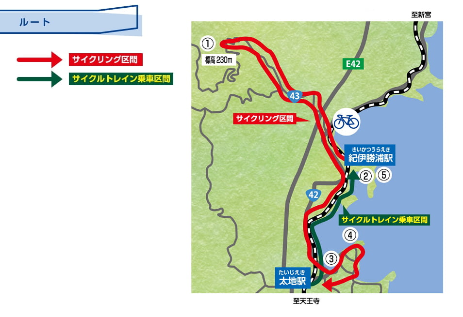 ルート：サイクルトレイン乗車区間 サイクリング区間の地図