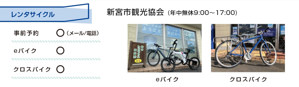 レンタルサイクル 新宮市観光協会（年中無休9:00～17:00）事前予約：〇（メール/電話） eバイク：〇 クロスバイク：〇