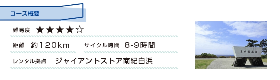 コース概要 難易度：4 距離：約120km サイクル時間：8-9時間 レンタル拠点：ジャイアントストア南紀白浜