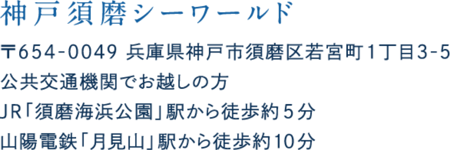 神戸須磨シーワールド 〒654-0049 兵庫県神戸市須磨区若宮町1丁目3-5 公共交通機関でお越しの方 JR「須磨海浜公園」駅から徒歩約5分 山陽電鉄「月見山」駅から徒歩約10分 