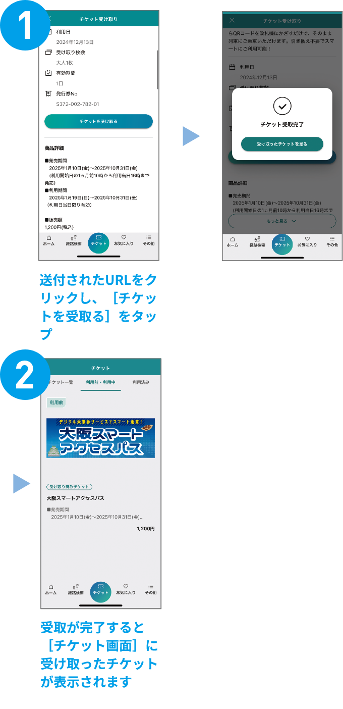 1.送付されたURLをクリックし、[チケットを受取る]をタップ⇛2.受取が完了すると[チケット画面]に受け取ったチケットが表示されます。