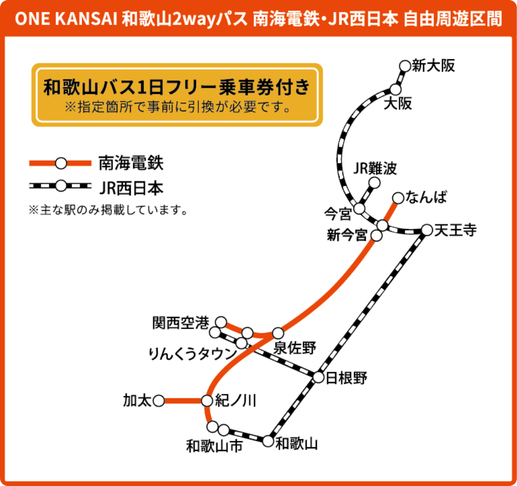 ONE KANSAI 和歌山2wayパス 南海電鉄・JR西日本 自由周遊区間の主な駅のみ掲載した路線図