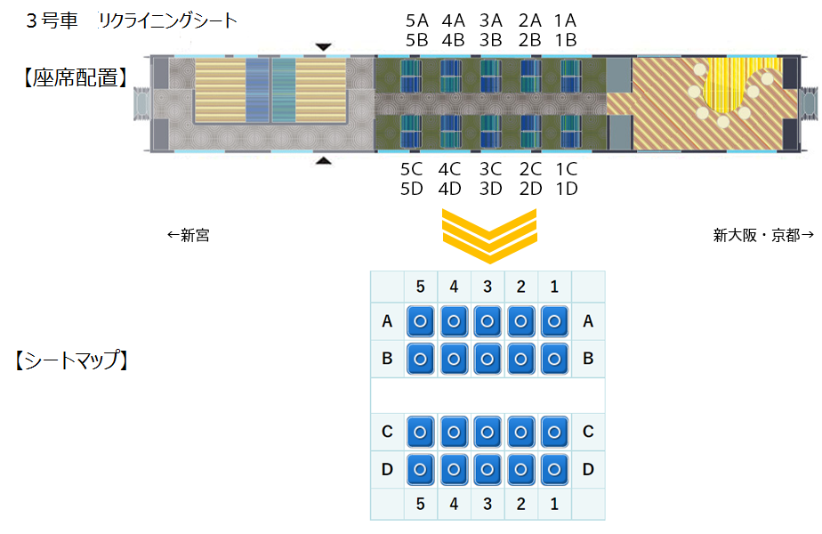 画像：3号車 普通車指定席リクライニングシートの座席配置とシートマップ