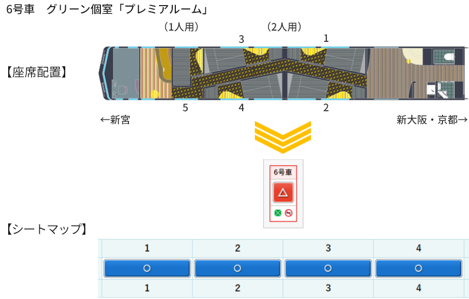 画像：6号車 グリーン個室 プレミアルームの座席配置とシートマップ
