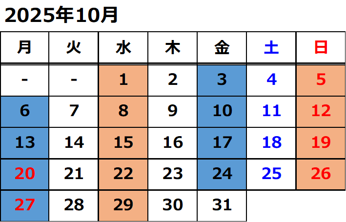 2025年10月の運転日について、下りは10月3日・6日・10日・13日・17日・20日・24日・27日、上りは10月1日・5日・8日・12日・15日・19日・22日・26日・29日に運転いたします。