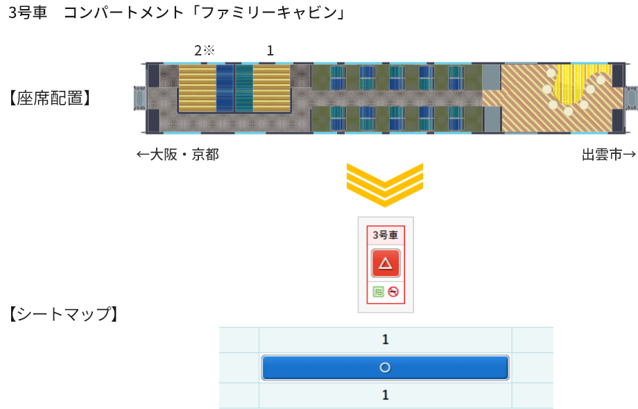 画像：3号車 コンパートメント「ファミリーキャビン」の座席配置とシートマップ