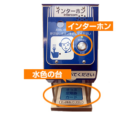 インターホン下の水色の台にきっぷの表を上にして置いてください。その後、インターホンをおして、オペレーター等の対応をお待ちください。