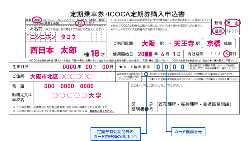 定期乗車券・ICOCA定期券購入申込書の記入例