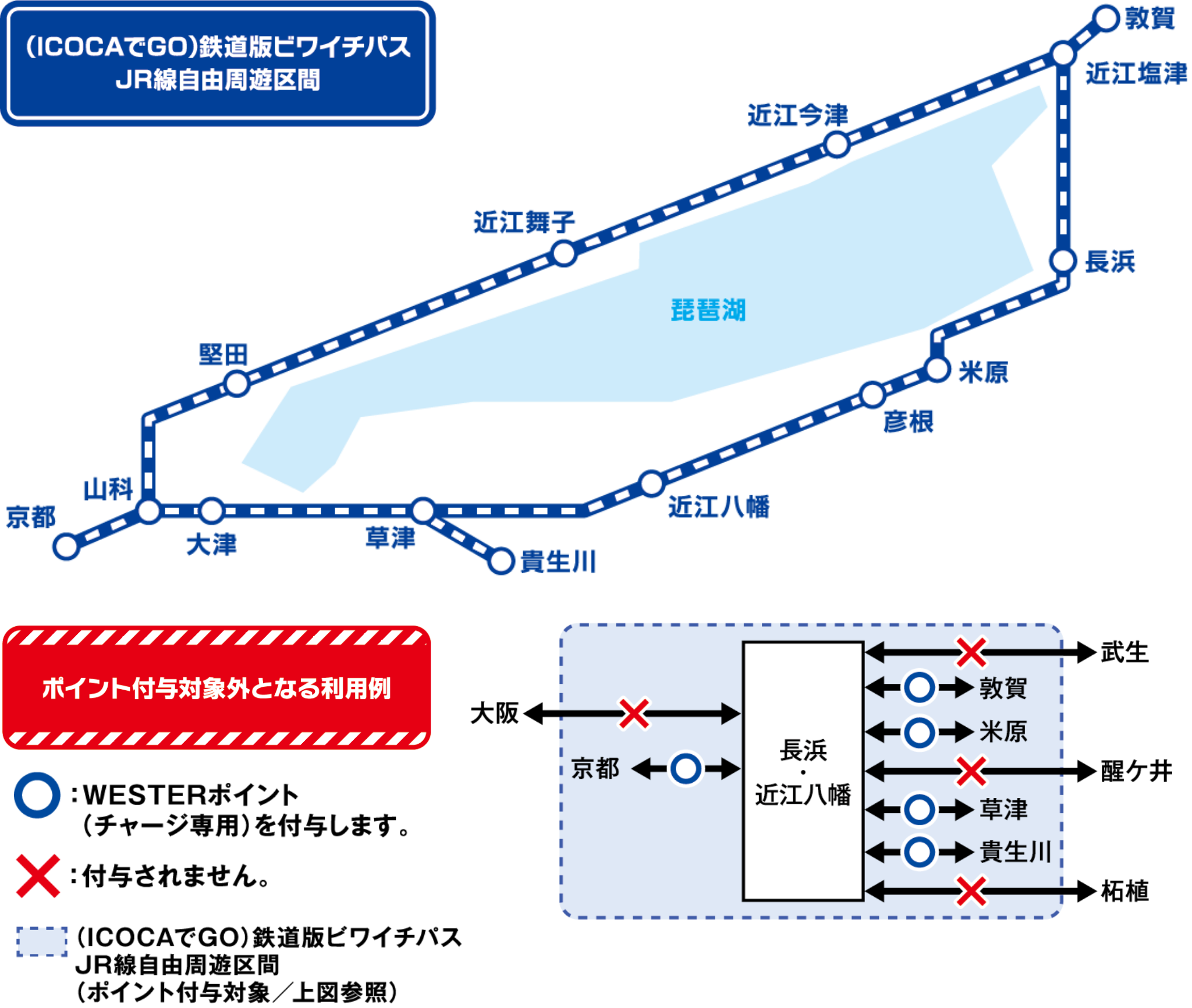 （ICOCAでGO）鉄道ビワイチパス JR線自由周遊区間の図