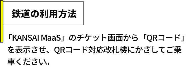 【鉄道の利用方法】「KANSAI MaaS」のチケット画面から「QRコード」を表示させ、QRコード対応改札機にかざしてご乗車ください。