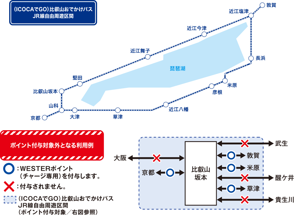 （ICOCAでGO）比叡山おでかけパス JR線自由周遊区間の図