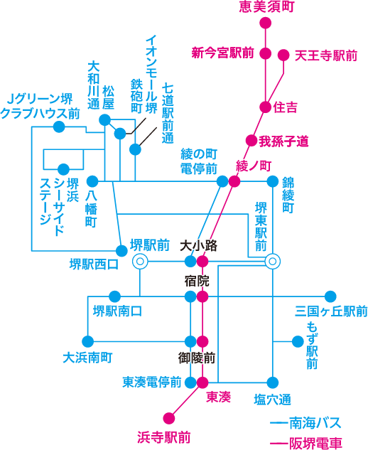 南海バスと阪堺電車の路線図