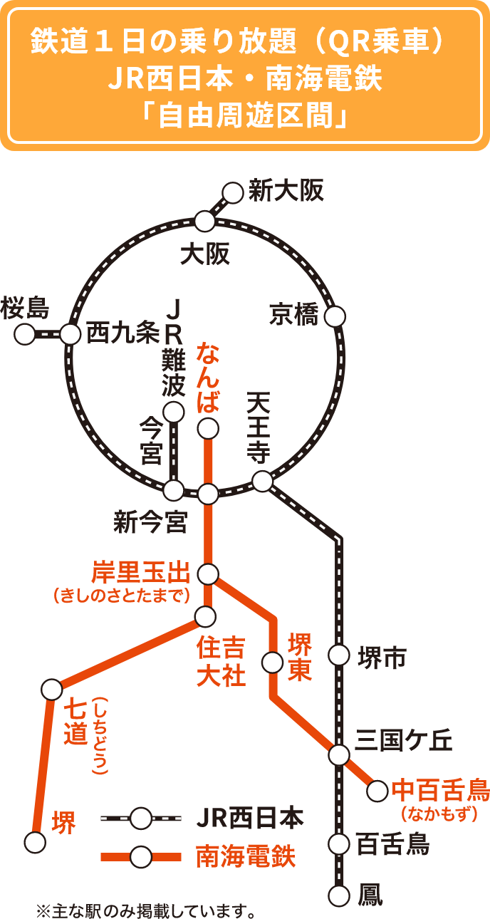 鉄道1日の乗り放題（QR乗車）JR西日本・南海電鉄「自由周遊区間」