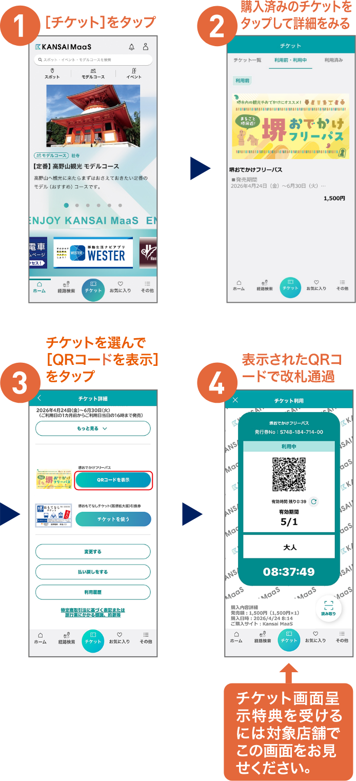 1.[チケット]をタップ&rAarr;2.購入済みのチケットをタップして詳細をみる&rAarr;3.チケットを選んで[QRコードを表示]をタップ&rAarr;4.表示されたQRコードで改札通過