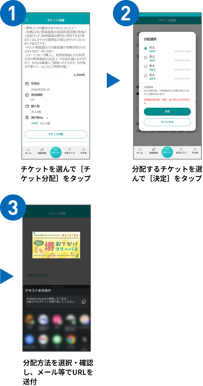 1.チケットを選んで[チケット分配]をタップ&rAarr;2.分配するチケットを選んで[決定]をタップ&rAarr;3.分配方法を選択・確認し、メールなどでURLを送付